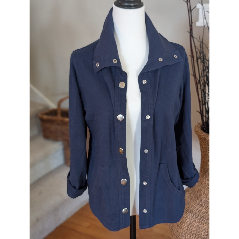 Style & Co Sport Petite PM Navy Snap Front Sweatshirt Jacket Pockets